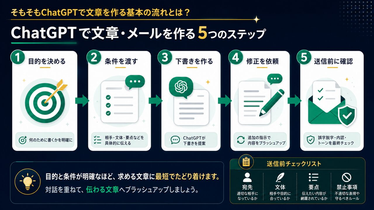 ChatGPTで文章作成・メール作成はどう使う?実践手順は?の要点を整理した図解
