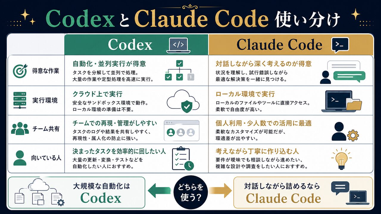CodexとClaude Codeの違いと使い分けを比較した図解